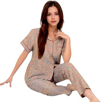 Women's Floral Print Short Sleeve Pajama Set with Button-Up Top and Piping Details
