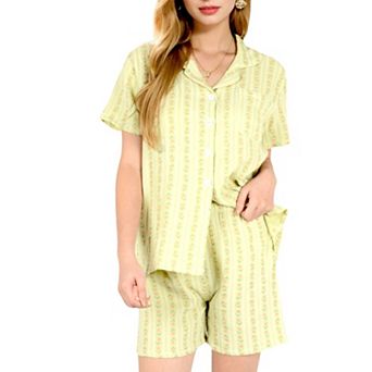 Women's Striped Print 2 pc Pajama Set with Short Sleeve Button-Up Top and Relaxed Fit Shorts
