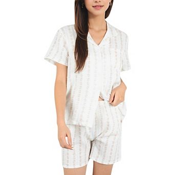 Women's Striped Print 2 pc Pajama Set with Short Sleeve Button-Up Top and Relaxed Fit Shorts