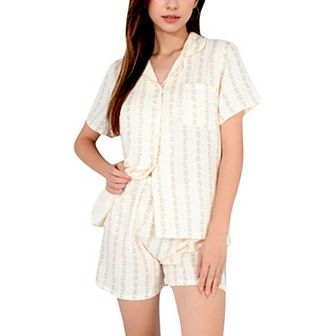 Women's Striped Print 2 pc Pajama Set with Short Sleeve Button-Up Top and Relaxed Fit Shorts