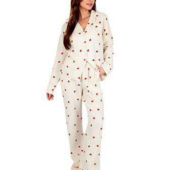 Women's Heart Print 2 pc Pajama Set with Long Sleeve Button-Up Top and Relaxed Fit Pants