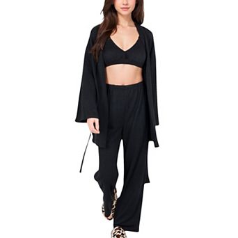 Women's 3 pc Lounge Set with Tie-Front Cardigan and Ribbed Pants