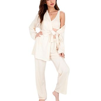 Women's 3 pc Lounge Set with Tie-Front Cardigan and Ribbed Pants