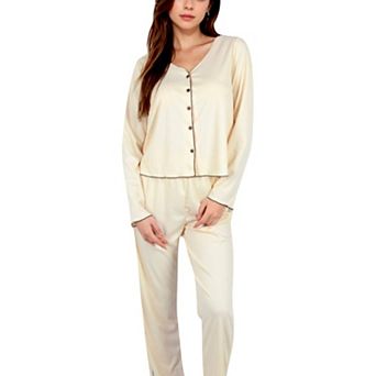 Women's Satin 2 pc Pajama Set with Button-Up Long Sleeve Top and Relaxed Fit Pants