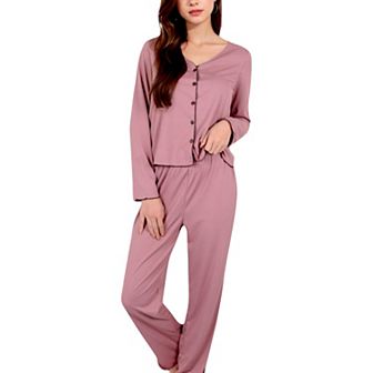 Women's Satin 2 pc Pajama Set with Button-Up Long Sleeve Top and Relaxed Fit Pants