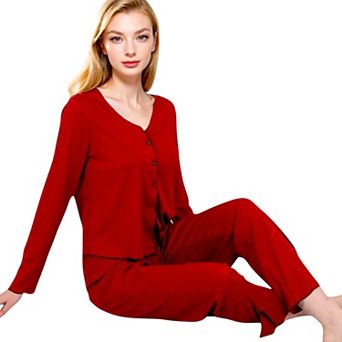 Women's Satin 2 pc Pajama Set with Button-Up Long Sleeve Top and Relaxed Fit Pants