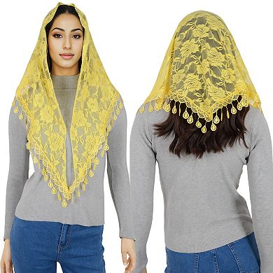 Women's Sheer Floral Lace Triangle Mantilla Scarf Lightweight Tassel Shawl Wrap Head Scarf