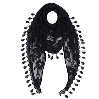 Women's Sheer Floral Lace Triangle Mantilla Scarf Lightweight Tassel Shawl Wrap Head Scarf