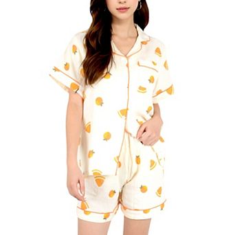 Women's Fruit Print 2 pc Pajama Set with Short Sleeve Button-Up Top and Relaxed Fit Shorts