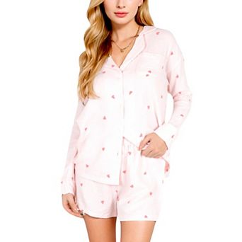 Women's Heart Print 2 pc Pajama Set with Button-Up Shirt and Relaxed Fit Elastic Waist Shorts