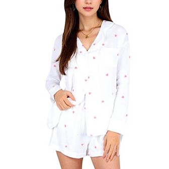 Women's Heart Print 2 pc Pajama Set with Button-Up Shirt and Relaxed Fit Elastic Waist Shorts