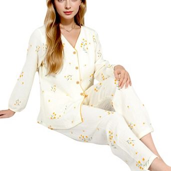 Women's Floral Print 2 pc Pajama Set with Button-Front Top and Muslin Textured Fabric