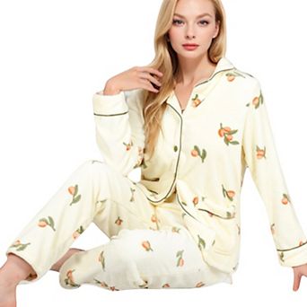 Women's Fruit Print 2 pc Pajama Set with Soft Plush Fabric and Piping Trim Details
