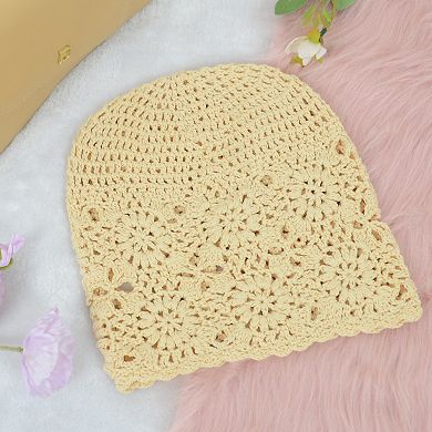 Women's Crochet Floral Slouchy Beanie Hat Lightweight Handmade Knit Cutout Skull Cap