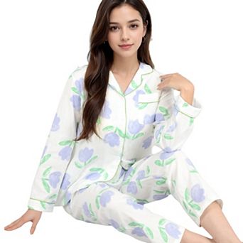 Women's Floral Print 2 pc Pajama Set with Button-Up Top and Relaxed Fit Pants
