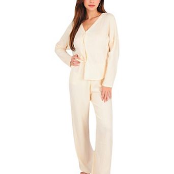 Women's Solid Color 2 pc Pajama Set with Long Sleeve V-Neck Top and Relaxed Fit Wide-Leg Pants