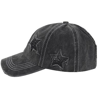 Women's Baseball Cap Glitter Star Distressed Ponytail Hat High Messy Bun Ponycap