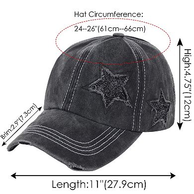 Women's Baseball Cap Glitter Star Distressed Ponytail Hat High Messy Bun Ponycap