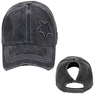 Women's Baseball Cap Glitter Star Distressed Ponytail Hat High Messy Bun Ponycap