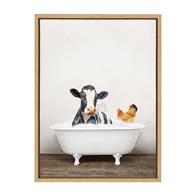 Sylvie Cow and Chicken in Rustic Bath Framed Canvas by Amy Peterson Art Studio