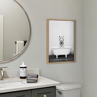 Sylvie White Tiger in The Bathtub Framed Canvas by Amy Peterson