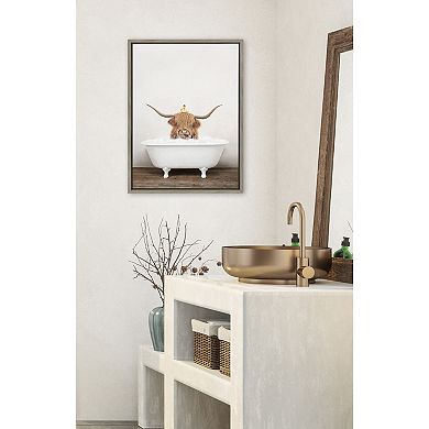 Sylvie Highland Cow and Duckling in Rustic Bath Framed Canvas by Amy Peterson Art Studio