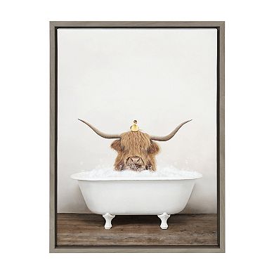 Sylvie Highland Cow and Duckling in Rustic Bath Framed Canvas by Amy Peterson Art Studio