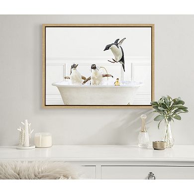 Sylvie Penguins In Bubble Bath Neutral Style Framed Canvas by Amy Peterson Art Studio