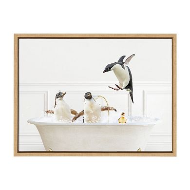Sylvie Penguins In Bubble Bath Neutral Style Framed Canvas by Amy Peterson Art Studio