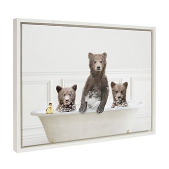 Sylvie Three bears In Bubble Bath Neutral Style Framed Canvas by Amy Peterson Art Studio