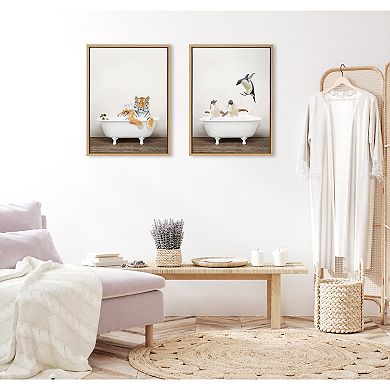 Sylvie Penguins Playing in Rustic Bath Framed Canvas by Amy Peterson Art Studio