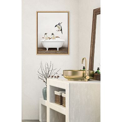 Sylvie Penguins Playing in Rustic Bath Framed Canvas by Amy Peterson Art Studio