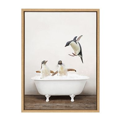 Sylvie Penguins Playing in Rustic Bath Framed Canvas by Amy Peterson Art Studio