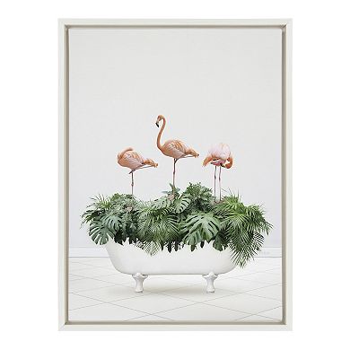 Sylvie 3 Flamingos In Vintage Bathtub Framed Canvas by Amy Peterson Art Studio