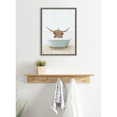 Sylvie Highland Cow and Duckling in Little Fish Bath Framed Canvas by Amy Peterson Art Studio