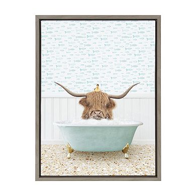 Sylvie Highland Cow and Duckling in Little Fish Bath Framed Canvas by Amy Peterson Art Studio