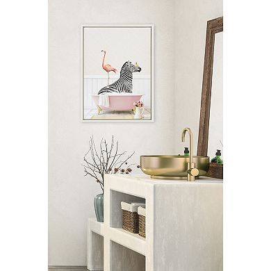 Sylvie Zebra and Flamingo in Cottage Rose Bath Framed Canvas by Amy Peterson Art Studio