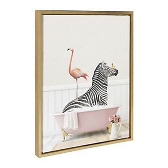 Sylvie Zebra and Flamingo in Cottage Rose Bath Framed Canvas by Amy Peterson Art Studio