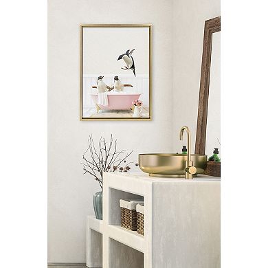 Sylvie Penguins Playing in Cottage Rose Bath Framed Canvas by Amy Peterson Art Studio