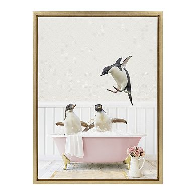 Sylvie Penguins Playing in Cottage Rose Bath Framed Canvas by Amy Peterson Art Studio
