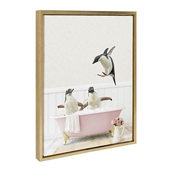 Sylvie Penguins Playing in Cottage Rose Bath Framed Canvas by Amy Peterson Art Studio