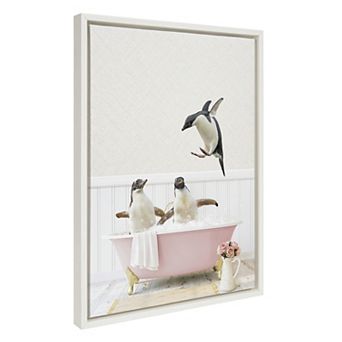 Sylvie Penguins Playing in Cottage Rose Bath Framed Canvas by Amy Peterson Art Studio