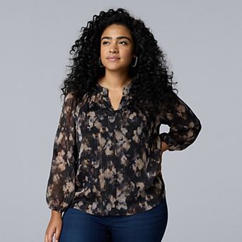 Plus Size Simply Vera Vera Wang Long Sleeve Smocked Neck Blouse