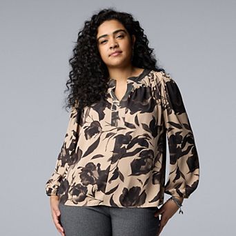 Plus Size Simply Vera Vera Wang Long Sleeve Smocked Neck Blouse