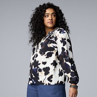 Plus Size Simply Vera Vera Wang Long Sleeve Smocked Neck Blouse