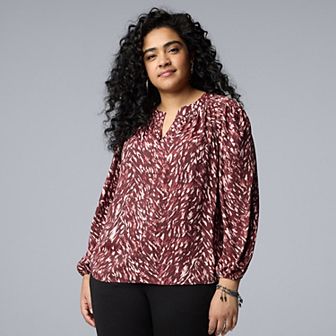 Plus Size Simply Vera Vera Wang Long Sleeve Smocked Neck Blouse