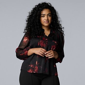 Plus Size Simply Vera Vera Wang Long Sleeve Smocked Neck Blouse