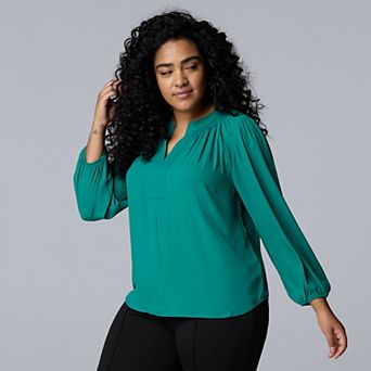 Plus Size Simply Vera Vera Wang Long Sleeve Smocked Neck Blouse