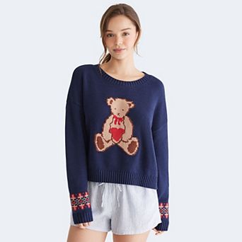 Juniors' Aeropostale Slouchy Sweater with Bear Graphic & Colorful Cuffs