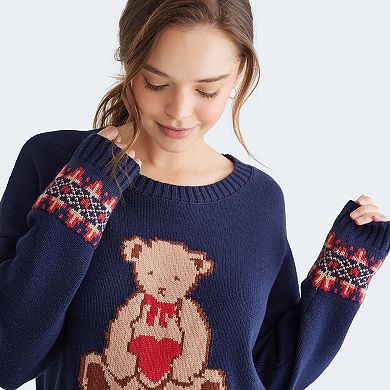 Juniors' Aeropostale Slouchy Sweater with Bear Graphic & Colorful Cuffs